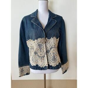 Berek2 Takako Sakon Collection Women Sz M Blue Denim Jean Jacket Lace Beaded